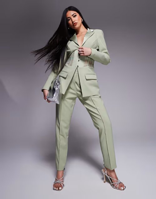 Lavish Alice Corset Tux Satin Mix Tailored Jumpsuit in Mink Review_