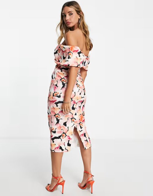 Lavish Alice Off Shoulder Bardot Wrap Midi Dress in Dark Floral