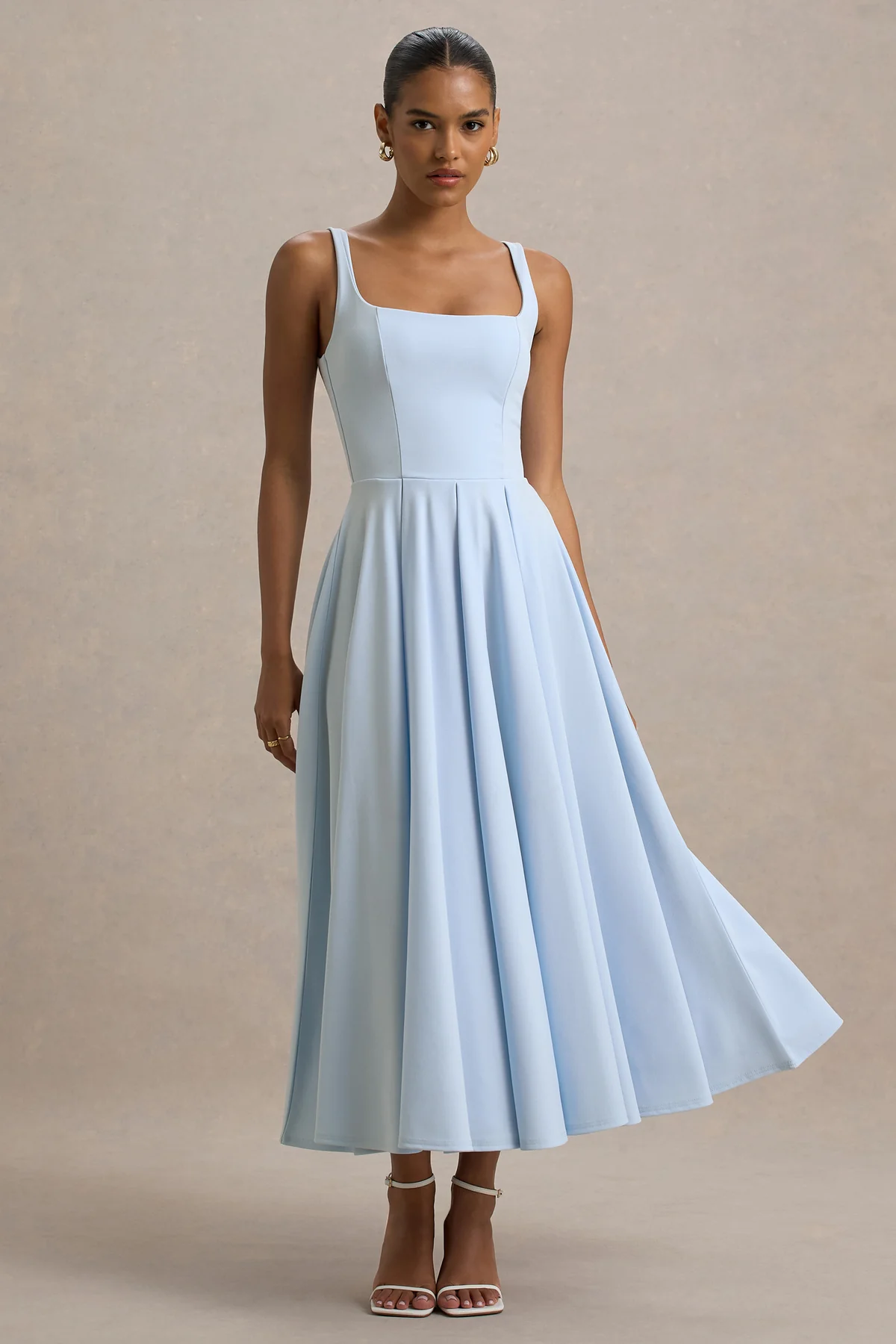 Powder Blue Strappy Volume-Hem Midi Dress.jpge